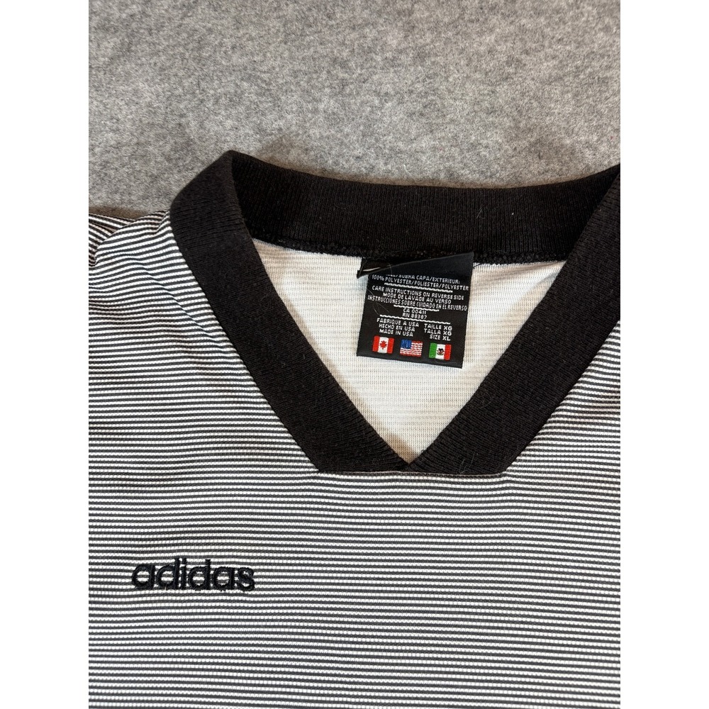 Vintage 90s Adidas Striped Football Jersey Mens XL Black V Neck Logo Spellout